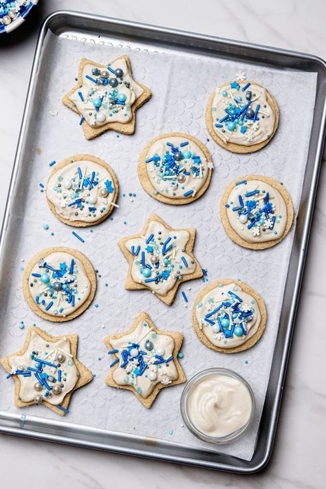 Hanukkah Sugar Cookies (Dairy-Free Recipe) Hanukkah Cookies Recipe, Hannukah Dessert Ideas, Hanukkah Cookies Decorated, Hanukkah Sugar Cookies, Hanukkah Baking, Hanukkah Cookies, Hanukkah Desserts, Hanukkah Recipes, Holiday Sugar Cookies