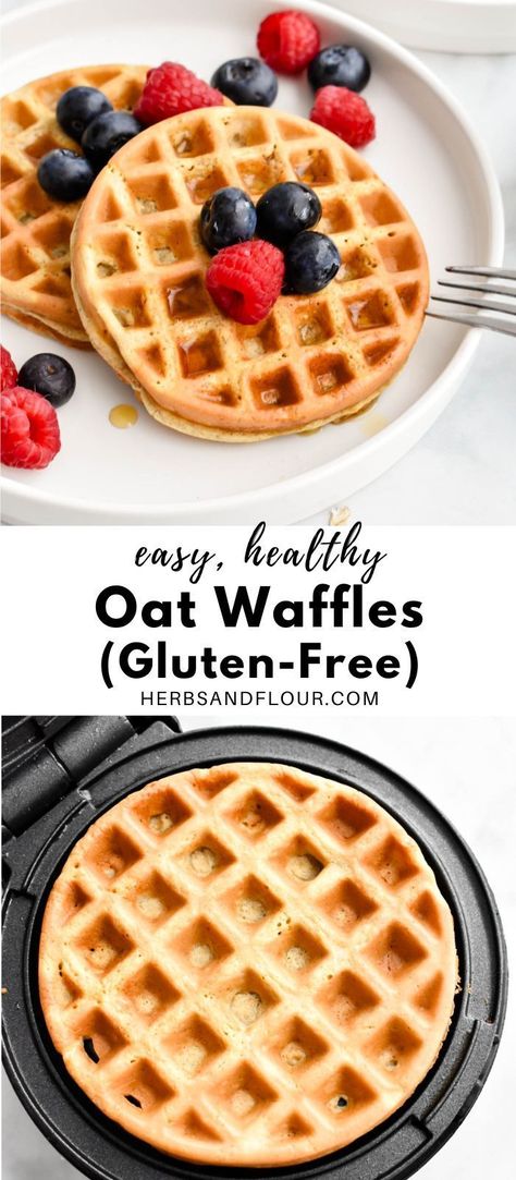 These healthy oat waffles are fluffy, delicious and gluten-free too! The best part is these delicious waffles whip up in a blender so they are incredibly easy to make. Healthy Oatmeal Waffle Recipe, Healthy Blender Waffles, Easy Healthy Waffles, Best Gluten Free Waffles, Waffle Healthy Recipe, Healthy Waffles Oatmeal, Gf Waffle Recipe, Oat Waffles Healthy, Low Carb Baked Oatmeal