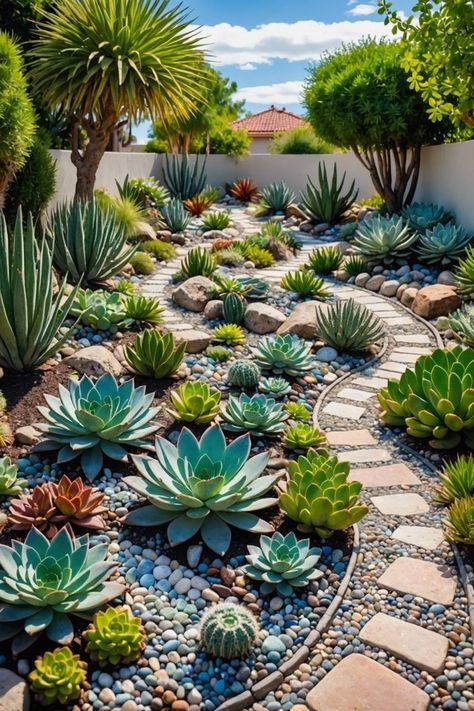 Stones In Garden Ideas, Rockscape Backyard, Cacti And Succulents Garden, Rock And Succulent Garden, Succulent Gardens Outdoor, Succulant Planting Ideas Garden, Dessert Garden Landscape, Succulent Landscape Design Front Yards, Succulent Garden Design Outdoors