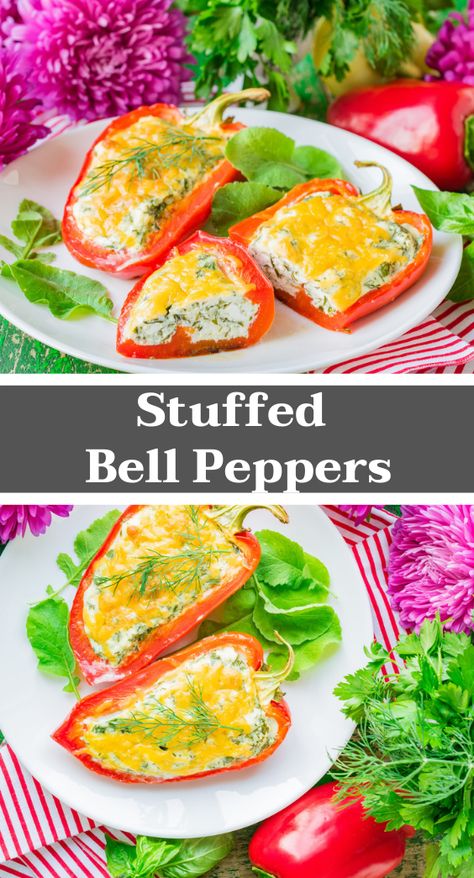 These stuffed bell peppers are filled with a mixture of cottage cheese and greenery, then topped with cheese and baked to perfection. Stuffed Bell Peppers Cottage Cheese, Peppers And Cottage Cheese, Bell Pepper And Cottage Cheese, Bell Pepper Cottage Cheese, Cottage Cheese Bell Pepper, Cottage Cheese Peppers, Cottage Cheese Stuffed Peppers, Feta Stuffed Peppers, Pepper Dishes