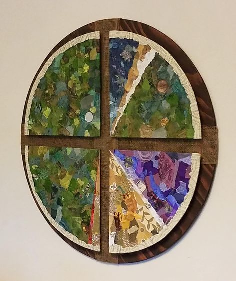 The liturgical seasons and colors of the Christian year decoupaged onto canvas. Clockwise from top: Blue - Advent; Gold - Christmas; White - Epiphany; Green - Season after Epiphany (Ordinary Time); Purple - Lent; White - Easter; Gold - Eastertide; Red - Pentecost; Green - Season after Pentecost (Ordinary Time). Ordinary Time Church Decor, Advent Banners, Breaking Down Walls, Visio Divina, Church Calendar, Liturgical Calendar, Prayer Stations, Liturgical Colours, Church Altar Decorations