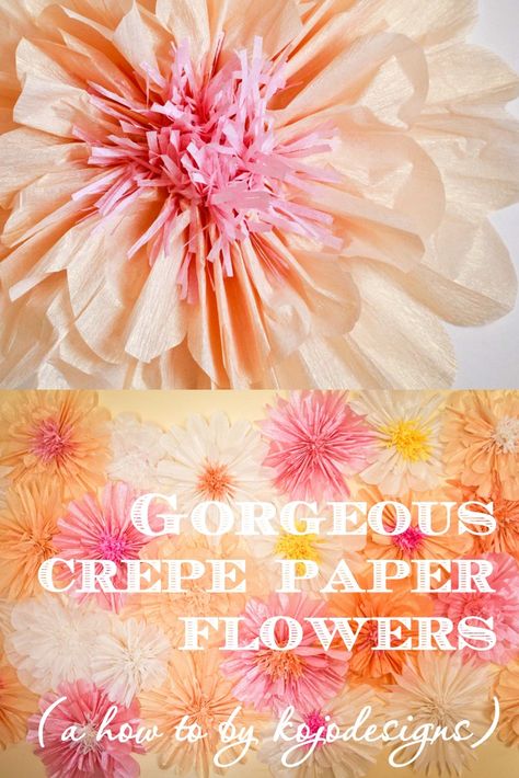 how to make gorgeous, BIG crepe paper flowers http://kojo-designs.com/2013/10/how-to-make-gorgeous-paper-flowers/ Large Paper Fans Diy, Tissue Paper Flower Wall Backdrops, Wedding Backdrop Paper Flowers, Big Crepe Paper Flowers, Tissue Paper Flowers Backdrop, Diy Large Paper Flowers, Paper Flower Backdrop Diy, Crepe Flowers, Big Paper Flowers