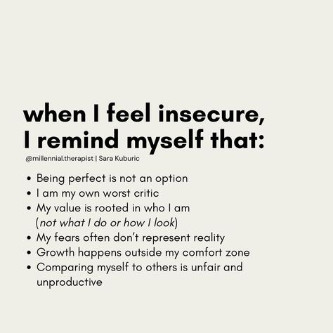 Dr. Sara Kuburic | Be gentle with yourself. Feeling insecure from time to time is just part of being human 🫶 #millennialtherapist | Instagram Healing From Insecurities, When You Feel Insecure, How To Not Feel Insecure, Feeling Insecure Quotes Relationships, Being Insecure Quotes, Insecurities Quotes, Insecure Quote, Mental Reminder, Improve Relationship