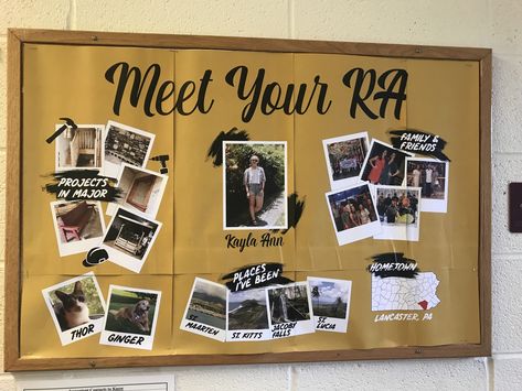 RA board: intro to the year #reslife All About Me Bulliten Board, Meet Your Staff Bulletin Board, Ra Bulletin Boards Meet Your Ra, Meet Your Ra Poster, About Your Ra Bulletin Board, Ra Personal Board, Residential Assistant Bulletin Boards, College Board Ideas, Staff Introduction Board Ideas