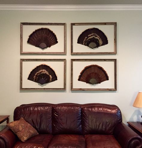 "Civilized" turkey fans. Full Turkey Mount, Wildlife Mounts Living Rooms, Turkey Feet Mount, Taxidermy Living Room Decor, Hunting Mounts Living Room, Framed Turkey Fan, Turkey Fan Display Ideas, Turkey Cape Mount, Turkey Tail Mount Ideas