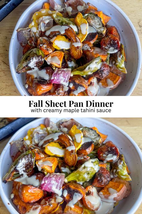 This fall sheet pan dinner is the perfect easy, weeknight meal. It is loaded with seasonal produce like brussels sprouts, delicata squash, sweet potatoes, and red onion. Paired with apple chicken sausage and a creamy maple tahini sauce for the perfect quick and easy, one pan dinner. Chicken Sausage Sweet Potato Sheet Pan, Sheet Pan Sweet Potatoes, Apple Sausage Recipes, Sausage And Brussel Sprouts, Chicken Sausage Sheet Pan, Fall Sheet Pan, Sausage Sheet Pan Dinner, Easy One Pan Dinner, Pan Sausage