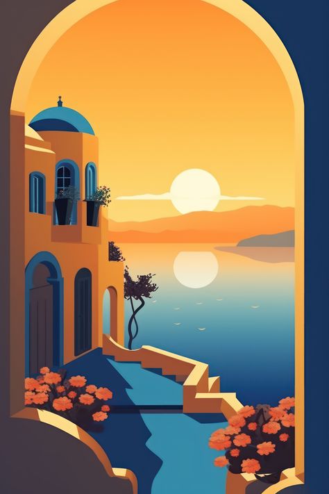 Land Scape Illustration, Greece Illustration Art, Digital Drawing Ideas Easy, Greece Painting Easy, Digital Drawing Ideas, Aesthetic Santorini, Illustration Art Vector, Greece Illustration, Santorini Painting