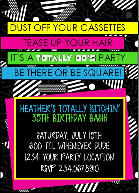 Totally Awesome 80's theme party ideas and 80’s party ideas for games! 80s Prom Party Centerpieces, 80s Prom Invitation, 80s Theme Party Invitations, 80s 8th Birthday, 80s Fundraiser Party, 80's Theme Halloween Party, 80s Invitation Ideas, 80s Theme 40th Birthday Party, 80's Party Ideas