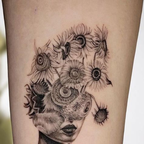 Rose’a’Line Tattoo • WIEN on Instagram: "Custom design. I loved her idea to combine half of a woman with the beautiful sunflower by van Gogh😍! Thanks for this cool project! • • Sabrina aka @rose_a_line.tattoo • • • #microrealismo #blackwork #vienna #viennatattoo #tattoowien #fineline #wientattoo #viennafineline #smalltattoo" Van Gogh Sunflower Tattoo, Van Gogh Tattoo, Van Gogh Sunflowers, Sunflower Tattoo, Line Tattoos, Tattoo On, Blackwork, Van Gogh, Vienna