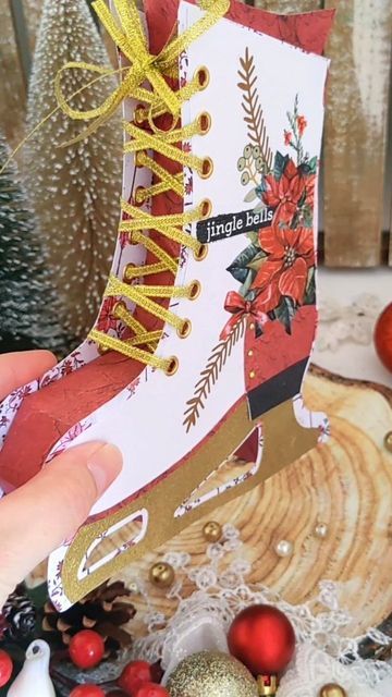 Papercrafting Pretties on Instagram: "Tutorial: Ice Skate featuring the gorgeous @primamarketinginc Magnolia Rouge collection along with some fabulous @redesignwithprima decor transfers. I used the Xmas Tag and Holiday Spirit transfers. ❤️❤️ I cut the Ice Skate box with my Silhouette Cameo machine from the Magnolia Rouge collection and white cardstock and decorated it with the transfers, rhinestones, eyelets and trim. Product list: 🎀658205 Magnolia Rouge 12x12 Paper Pad 🎀655419 Redesign Déc Decor Transfers, Xmas Tags, Prima Flowers, Gallery Exhibition, Mixed Media Crafts, Silhouette Cameo Machine, Ice Skate, Instagram Tutorial, Prima Marketing