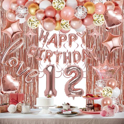 PRICES MAY VARY. Beautiful Rose Gold Birthday Decorations Kit: Includes 39*79in rose gold metallic fringe curtains*2, 32in number foil balloons*2, 51*34in ‘love’ foil balloon*1, ‘happy birthday’ foil balloon*1set, 29.5*27.5 crown balloon*1, 12in confetti balloons (rose gold*6, gold*6), 10in balloons (metallic rose gold*6, metallic gold*6, rose gold*6, white*6), 18in foil balloons*4, 10in star foil balloons*2, hanging swirls*1, balloon tools*1. Nice Choice for Girls’ 12th Birthday Party: Beautifu Gold Happy Birthday Banner, Gold Birthday Decorations, Fringe Curtains, Happy Birthday Foil Balloons, Gold Happy Birthday, Happy Birthday Girls, Curtain Fringe, Girl Birthday Decorations