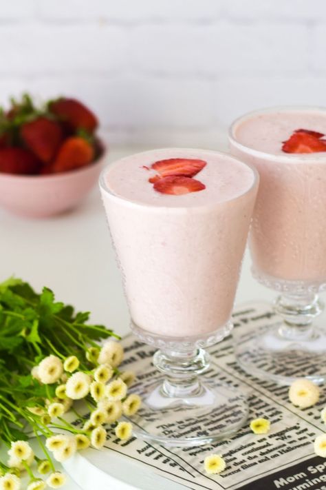 Strawberry Lassi Strawberry Lassi, Mango Lassi Recipes, Lassi Recipes, Indian Drinks, Rose Flavored, Yogurt Drinks, Mango Lassi, Low Fat Yogurt, Berry Smoothie