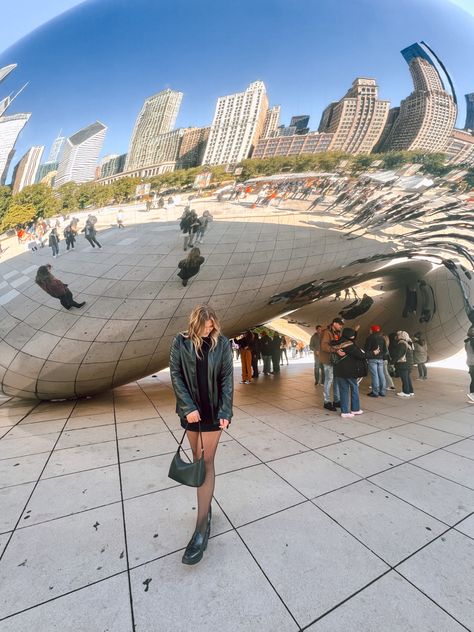 Girl in front of Chicago bean black blazer and black sweater with loafers Chicago Bean Aesthetic, Chicago October Outfit, The Bean Chicago Poses, Chicago Bean Pictures Ideas, Loafers And Tights, Chicago Fall Outfits, Chicago Bean Pictures, Chicago Picture Ideas, Chicago Outfit Summer