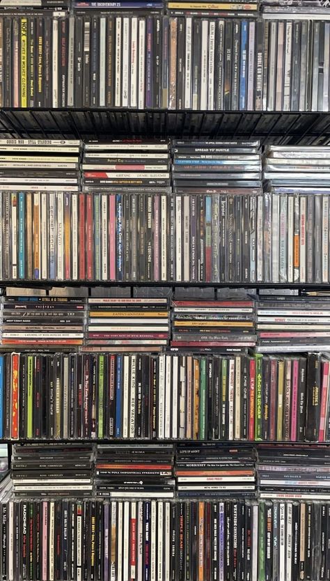 Physical Media Collection, Cd Collection Aesthetic, Cds Aesthetic, Cd Store, Vibey Room, Cd Wall, Physical Media, Cd Collection, Record Shop