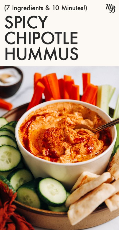 Our Spicy Chipotle Hummus is the NEW BFF to all your fav crackers, bowls, sandwiches, and MORE. It's creamy, SO savory, and the perfect amount of SPICY. Just 7 INGREDIENTS and 10 MINUTES required for this versatile, flavorful hummus! Beer Hummus, Mexican Hummus, Chipotle Hummus Recipe, Hummus Variations, Unique Hummus Recipe, Flavored Hummus, Spicy Hummus Recipe, Chipotle Hummus, Hummus Appetizers