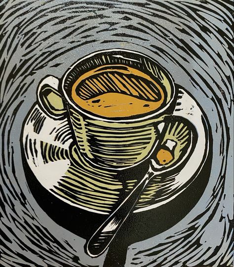 Linocut Prints Still Life, Still Life Printmaking, Coffee Lino Print, Reductive Linocut, Still Life Coffee, Buddha Art Drawing, Stippling Art, Linocut Printmaking, Lino Art