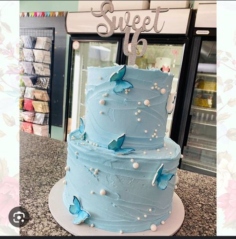 Blue Butterfly Cake, Blue Birthday Themes, Blue Sweet 16, 15th Birthday Cakes, Blue Birthday Cakes, Tiered Cakes Birthday, Butterfly Birthday Cakes, Tiered Cake Design, Special Birthday Cakes