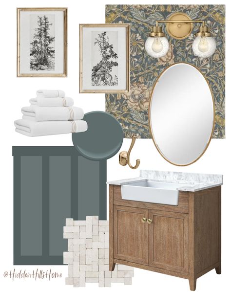 Green Wallpaper Bathroom Powder Rooms, Guest Bathroom With Wallpaper Ideas, Bathroom With Gold Finishes, Black Vanity Green Walls Bathroom, Green Shiplap Powder Room, Half Bathroom With Tile Wall, Studio Mcgee Powder Bathroom, Power Room Wallpaper Ideas, Fun Powder Bathroom Ideas