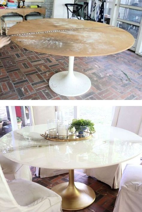 Round Glass Dinning Table, Epoxy Dining Room Table Diy, Resin Dining Table Diy, Diy Marble Table Top, Upcycle Round Dining Table, Epoxy Table Top Ideas Dining Room, Diy Tulip Table, Diy Modern Round Dining Table, Diy Round Dining Table Makeover