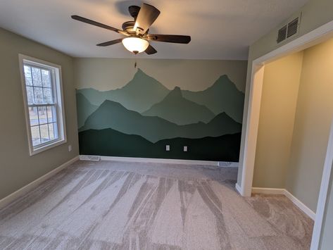 Green Mountain Accent Wall, Mountain Themed Nursery, Mountain Nursery Theme, Forest Nursery Theme, Mountain Bedroom, Green Monochromatic, Nursery Wall Painting, Childrens Bedrooms Design, Mountain Wall Mural