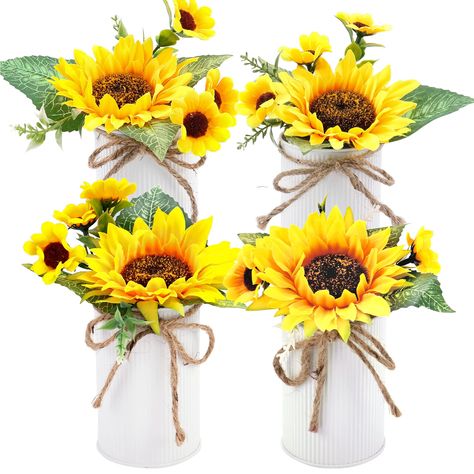 PRICES MAY VARY. Silky Cloth Vivid Artificial Sunflowers: You will receive 4pack fake potted sunflowers in galvanized metal pots, the sunflower can be taken off from the vase, giving you more possibility to Diy, this match adds a warm and sweet atmosphere to your home decoration Easy to Care for: The sunflowers and leaves are made of high-quality silky cloth, require no watering or special care. Simply dust them off occasionally to keep them looking their best. This makes them ideal for busy peo Eucalyptus Decoration, Sunflower Wedding Centerpieces, Artificial Sunflowers, Sunflowers Bouquet, Potted Sunflowers, 60th Bday, Sunflower Centerpieces, Sunflower Arrangements, Tray Decoration