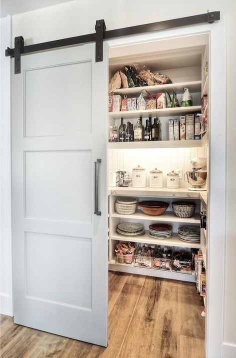 Small Kitchen Pantry, Barn Door Pantry, Beautiful Pantry, Modern Pantry, Farmhouse Pantry, Barn Style Doors, Barn Door Designs, Small Pantry, Kitchen Pantry Design