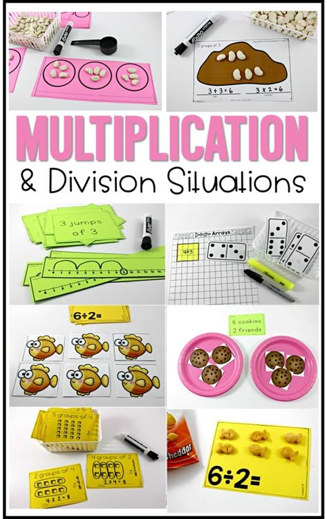 Hands-on, engaging math multiplication and division lessons, ideas, activities, workstations, stations, and centers. Ways to teach beginning multiplication and division situations to second grade and third grade!  To learn more about "multiplication and division situations second grade", visit www.tunstallsteachingtidbits.com Multiplication Lessons, Beginning Multiplication, Maths Multiplication, Teaching Division, Division Activities, Multiplication Activities, Teaching Multiplication, Math Division, Math Multiplication