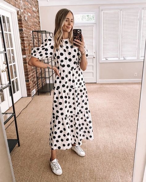 Fashion Jackson Target Finds Who What Wear Black White Polka Dot Maxi Dress Black White Dots Dress, Black And White Polka Dot Dress Outfit, White And Black Dress Outfit, Polka Dots Dress Outfit, Dots Dress Outfit, White Polka Dot Dress Outfit, Polka Dot Dresses For Women, Polka Dot Shirt Outfit, Sneakers With Dress