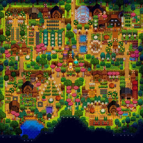 Stardew Multiplayer Farm, Four Corners Farm, Stardew Inspiration, Stardew Guide, Stardew Mods, Stardew Farm, Stardew Farms, Stardew Valley Layout, Stardew Valley Tips