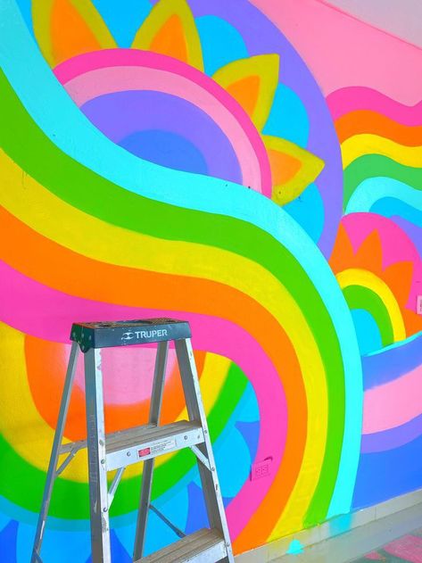 Bedroom Door Murals Painted, Trippy Hallway, Trippy Wall Mural, Rainbow Accent Wall, Rainbow Wall Mural, Rainbow Mural, Art Shed, Trippy Wall, Kids Room Paint