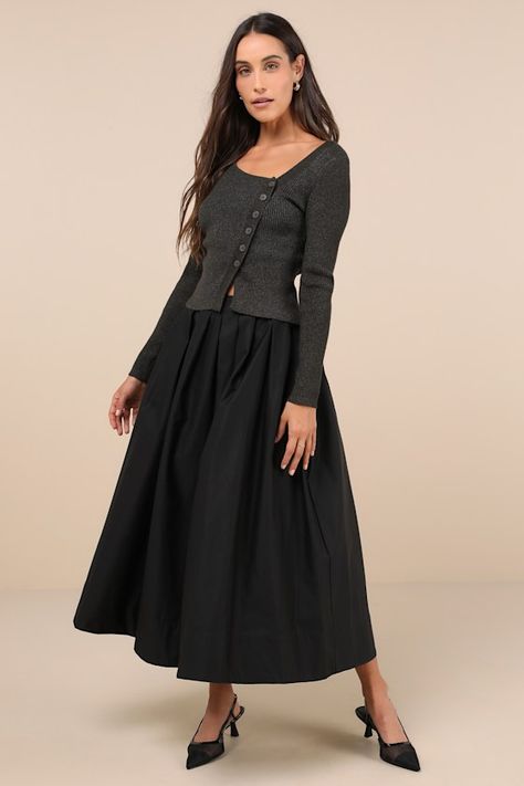 Katarina Black Pleated Cotton Midi Skirt Modest Goth, Black Midi Skirt Outfit, Office Skirts, Black Pleated Midi Skirt, Midi Skirts Style, Ballerina Skirt, Simple Skirt, Church Outfit, Office Skirt