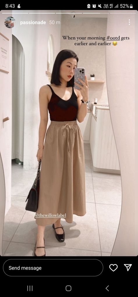 Black camisole/ tank top, beige midi/maxi skirt, black Mary Jane flats and black bag Maxi Skirt And Mary Janes, Girl Aesthetics, Black Camisole, Casual Day Outfits, Mary Jane Flats, Tank Top Camisole, Black Bag, Outfit Idea, Skirt Black