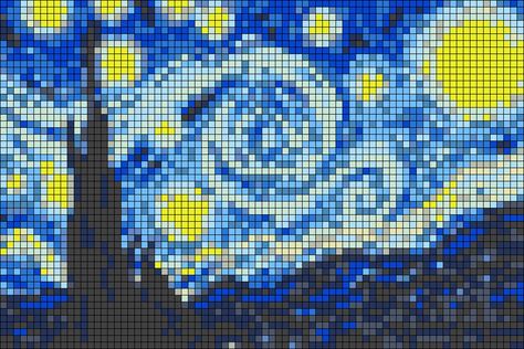 Starry Night Crochet Tapestry, Starry Night Grid Pattern, Pixel Starry Night, Starry Night Pixel Art Grid, Pixel Art Of Famous Paintings, Starry Night Alpha Pattern, Minecraft Pixel Art Painting, Starry Night Crochet Pattern, Van Gogh Pixel Art