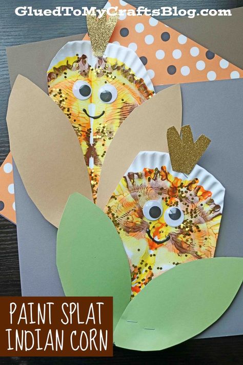 Paper Plate & Paint Splat Indian Corn Harvest Craft Preschool, Pie Crafts For Toddlers, Indian Corn Craft Preschool, Cornacopia Craft For Toddlers, Pie Crafts For Preschool, Harvest Crafts Preschool, Autumn Art Ideas For Kids, Indian Corn Craft, Daycare Thanksgiving