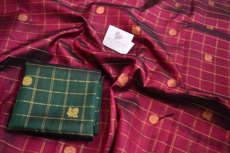 Maroon Kanchivaram Silk with Contrast Green Checks Blouse cost 16500 inr WhatsApp 91 7019277192 Maroon Saree Contrast Blouse, Maroon Silk Saree, Saree Contrast Blouse, Saree With Contrast Blouse, Maroon Saree, Checks Saree, Indian Sari Dress, Saree Jewellery, Maroon Wedding