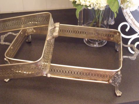 made into shelves Silver Trays Decor Ideas, Silver Tray Decor, Silver Plate Decor, Diy Architecture, Thrift Store Diy, Garden Interior, Silver Plated Trays, Spice Racks, Spice Bottles