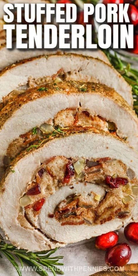 Cook this stuffed pork loin for the holidays or a Sunday dinner with the family! A stuffing mixture of cranberry, bacon, onion, and cubed bread is wrapped in a boneless pork loin then baked until perfectly tender & juicy. Chop some spinach, apple, and sausage to make new flavors! Stuffed pork loin is such an elegant entrèe and will have dinner guests coming back for seconds! #spendwithpennies #stuffedporkloin #porkloin #recipe #roastporkloin Apple Stuffing Pork Tenderloin, Apple Bacon Stuffed Pork Loin, Cranberry Apple Stuffed Pork Loin, Pork Loin With Cranberries, Crockpot Stuffed Pork Loin, Grilled Stuffed Pork Loin, Stuffed Boneless Pork Loin, Roast Pork Loin With Apples, Stuffed Pork Loin Recipes Oven Baked