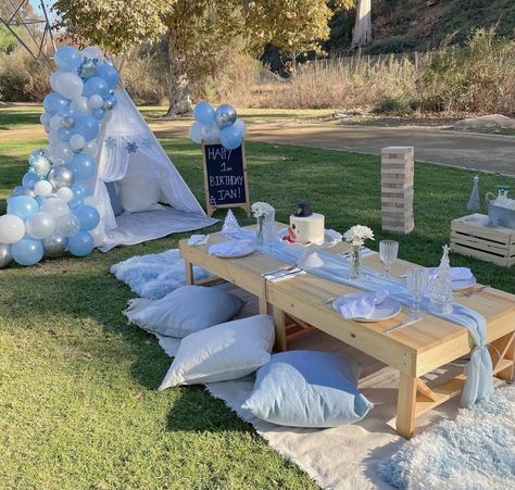 Teepee Picnic Party, Frozen Picnic Birthday Party, Picnic Birthday Party Blue, Blue Boho Picnic, Low Picnic Table Outdoor Parties Kids, Birthday Picnic Blanket Party, Picnic Party Decorations, Blue Picnic, Funny Happy Birthday Song