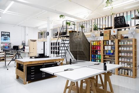 Screen Print Studio Workspaces, Warehouse Organization, Art Studio Storage, Screen Printing Studio, Design Studio Workspace, Printing Studio, Design Studio Office, Art Studio Space, Studio Spaces