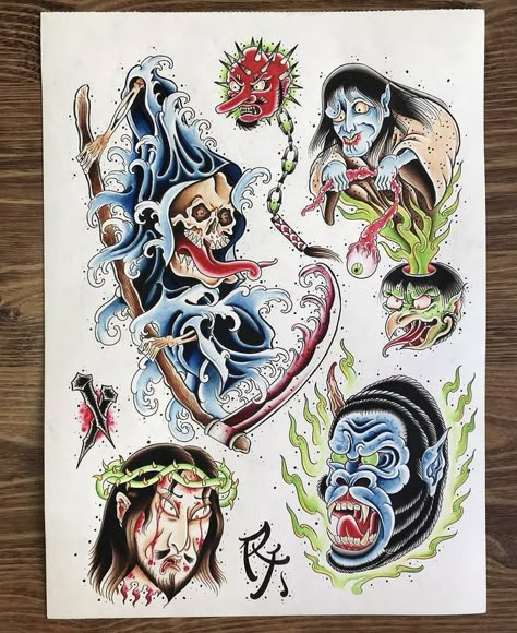 Japanese Reaper Tattoo, Gorilla Nails, Traditional Gorilla Tattoo, Japanese Tattoo Flash, Tengu Tattoo, Japanese Reference, Jesus Christ Tattoo, Traditional Tattoo Flash Sheets, Gargoyle Tattoo