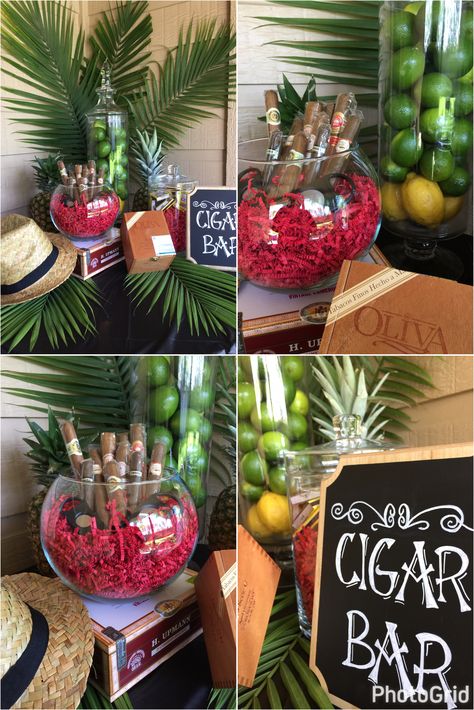 Cigar bar for my husband's Havana Nights themed birthday party. Fedora. Cigars. Limes. DIY Chalkboard Sign. Majesty Palm. Cigar Boxes. Guests loved it! Cuban party Cuba Havana Nights Dinner Party, Cuban Theme 40th Birthday, Havana Nights Party Decorations Diy, Havana Nights 30th Birthday Party, Havana Night Party Theme, Diy Havana Nights Decor, Cuba Party Theme, Cuban Party Ideas, Havana Themed Party Decorations