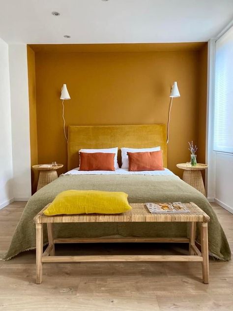 Mustard Wall Paint Bedroom, Mustard Wall Bedroom, Orange Feature Wall Bedroom, Mustard Walls Bedroom, Mustard Yellow Interior Design, Dark Yellow Bedroom, Bedroom Paint Ideas Color Schemes, Mustard Yellow Bedroom Ideas, Ochre Bedroom