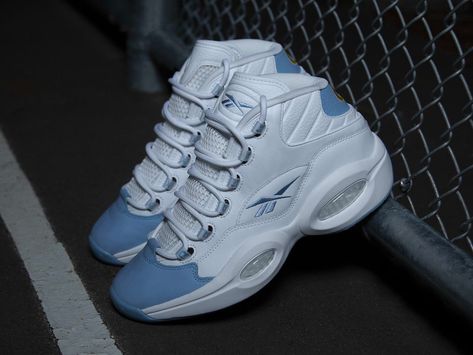 Seemingly finding more deep references in the back catalogue to revive, this upcoming Reebok Question may be recognised by some as a Denver Nuggets PE. Reebok Question Mid, Reebok Question, Allen Iverson, Denver Nuggets, Heel Caps, The Question, Classic White, Air Jordan Sneaker, White Leather