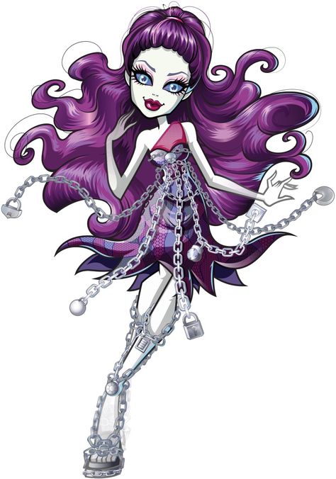 Monster High: Spectra Vondergeist! Spectra Vondergeist is the daughter of a ghost couple. She writes an anonymous gossip blog called the Ghostly Gossip, and an advice column for the Monster High student newspaper, and as such is a bit of a rumor-monger. As a ghost herself, she can float and pass through walls. Spectra has a pet ferret named Rhuen. Monster High Wiki, Novi Stars, Monster H, Arte Monster High, Collage Mural, Monster High Pictures, Monster High Party, Moster High, Catty Noir