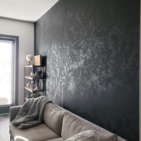 Venetian plaster in the color tricorn black! Check out @finishesbymorgan on Instagram or Facebook for more fun projects! Black Textured Accent Wall Bedroom, Venitian Walls Living Room, Black Plaster Walls, Textured Black Wall, Grey Venetian Plaster, Plaster Accent Wall, Black Venetian Plaster, Black Accent Wall Living Room, Black Textured Wall