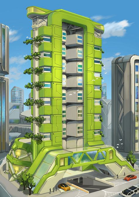 Futuristic Building Concept Art, Creeper Farm, Scifi Architecture, Cyberpunk Building, Scifi Building, Scifi Environment, Sci Fi Building, 3d Karakter, Sci Fi Architecture