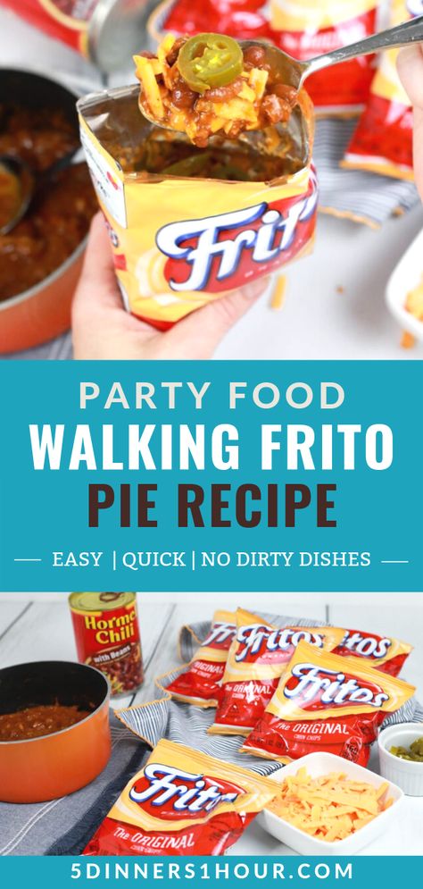 Walking Frito Chili Pie, Frito Pie Recipe Easy, Walking Frito Pie, Easy Party Food For A Crowd Cheap, Crowd Walking, Pie Recipe Easy, Meals For Families, Frito Pie Recipe, Party Food For Adults