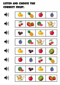 Fruits Language: English Grade/level: Kindergarten School subject: English as a Second Language (ESL) Main content: Fruits Other contents: Listening Fruits Activity, Listening Worksheet, Test For Kids, English Club, Listening Test, Fruits For Kids, Esl Activities, English Games, English As A Second Language (esl)