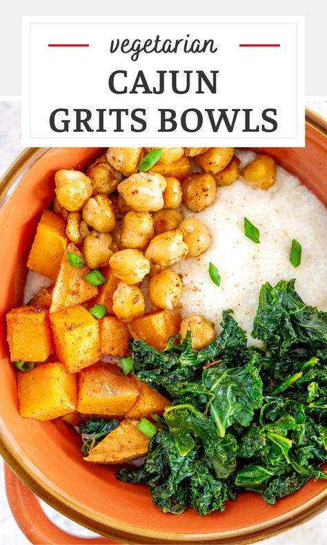 Cajun Grits, Vegetarian Cajun, Sweet Potato Chickpeas, Kale And Chickpeas, Creamy Grits, Sauteed Greens, Sweet Potato Kale, Grits Recipe, Vegetarian Recipe