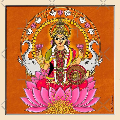 Goddess Laxmi Illustration, Laxmi Goddess Painting Madhubani, Goddess Laxmi Paintings, Lakshmi Devi Paintings On Canvas, Laxmi Canvas Painting, Lakshmi Madhubani Painting, Madhubani Diwali Painting, Laxmi Painting Art, Laxmi Goddess Rangoli